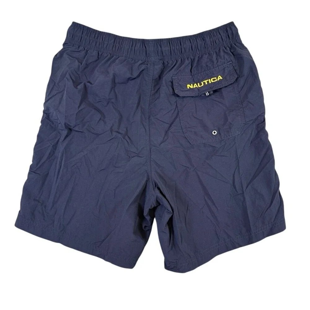 Nautica Mens Navy Blue Striped Swim Trunks Mesh Lined Board Shorts Size M